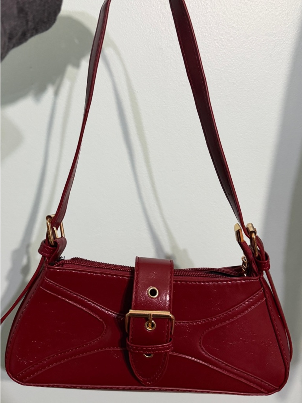 Cherry Red Shoulder Bag with Buckle Detail